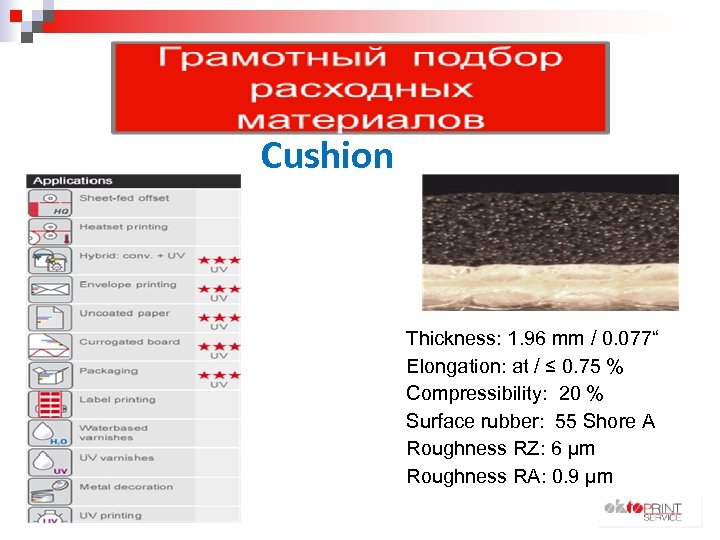 Cushion Thickness: 1. 96 mm / 0. 077“ Elongation: at / ≤ 0. 75