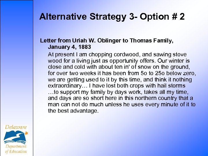 Alternative Strategy 3 - Option # 2 Letter from Uriah W. Oblinger to Thomas