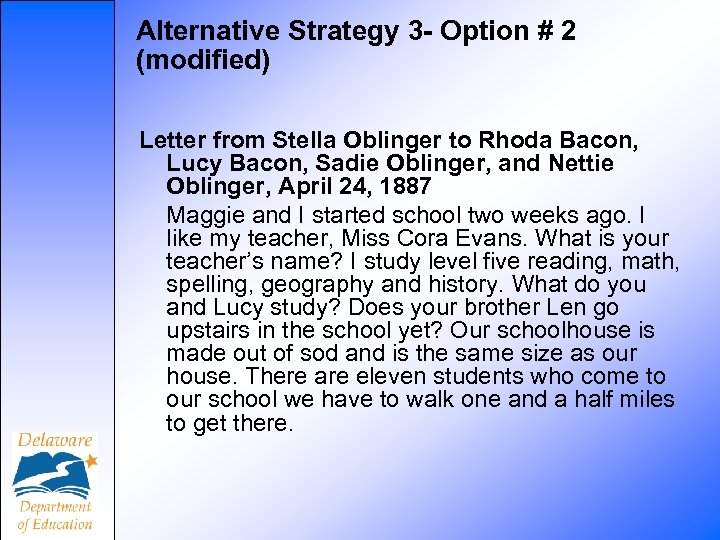 Alternative Strategy 3 - Option # 2 (modified) Letter from Stella Oblinger to Rhoda