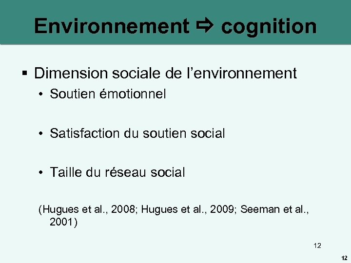 Environnement cognition § Dimension sociale de l’environnement • Soutien émotionnel • Satisfaction du soutien