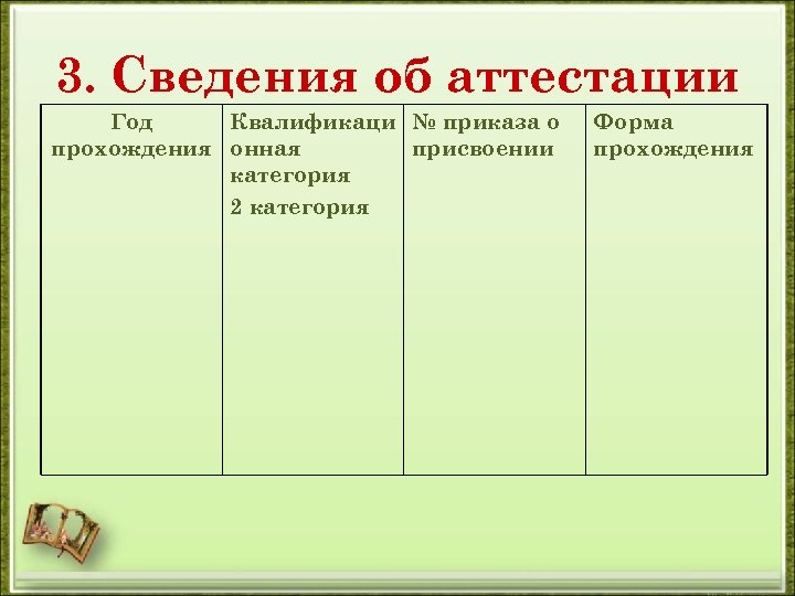 3. Сведения об аттестации Год Квалификаци № приказа о прохождения онная присвоении категория 2