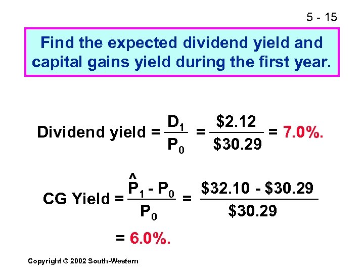 5 - 15 Find the expected dividend yield and capital gains yield during the