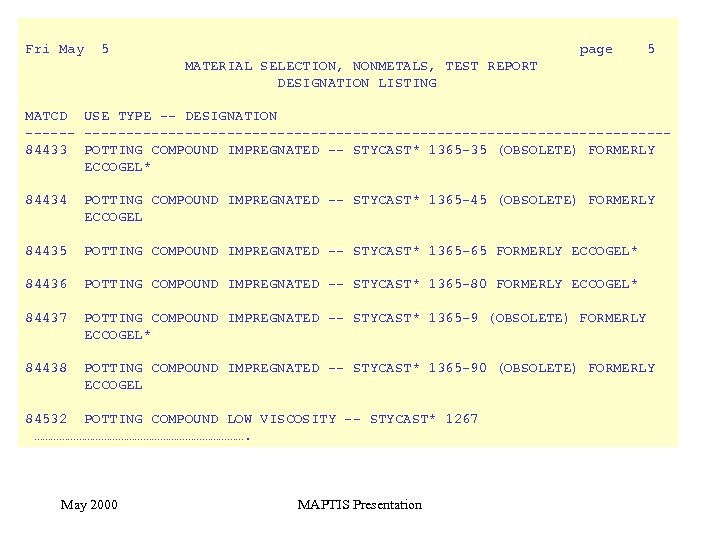 Fri May 5 page 5 MATERIAL SELECTION, NONMETALS, TEST REPORT DESIGNATION LISTING MATCD USE