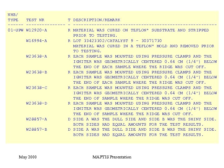 NHB/ TYPE TEST NR T DESCRIPTION/REMARK ----------- - ---------------------------01 -UPW W 12920 -A R