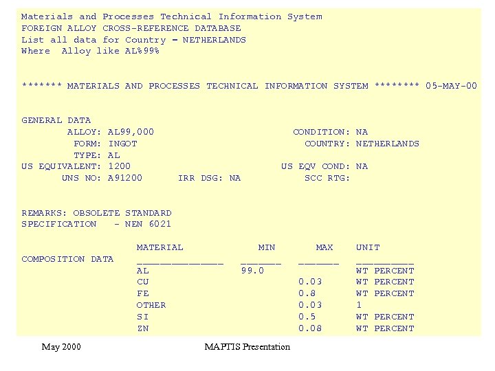 Materials and Processes Technical Information System FOREIGN ALLOY CROSS-REFERENCE DATABASE List all data for