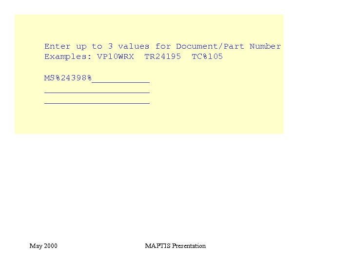 Enter up to 3 values for Document/Part Number Examples: VP 10 WRX TR 24195