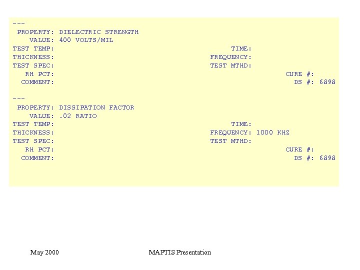 --PROPERTY: DIELECTRIC STRENGTH VALUE: 400 VOLTS/MIL TEST TEMP: THICKNESS: TEST SPEC: RH PCT: COMMENT: