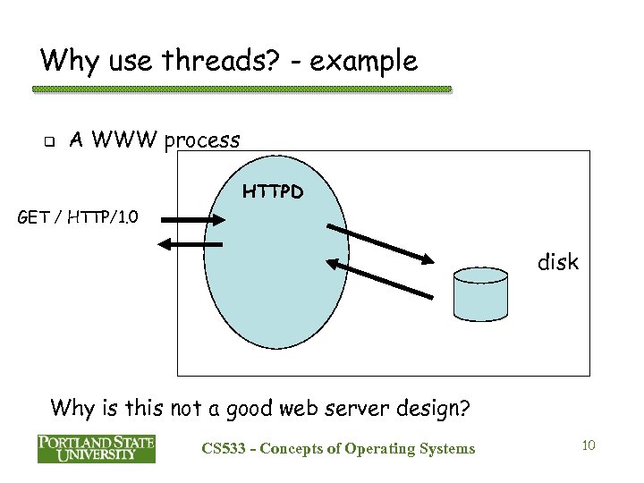 Why use threads? - example q A WWW process HTTPD GET / HTTP/1. 0