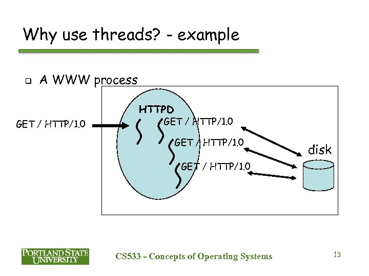 Why use threads? - example q A WWW process HTTPD GET / HTTP/1. 0
