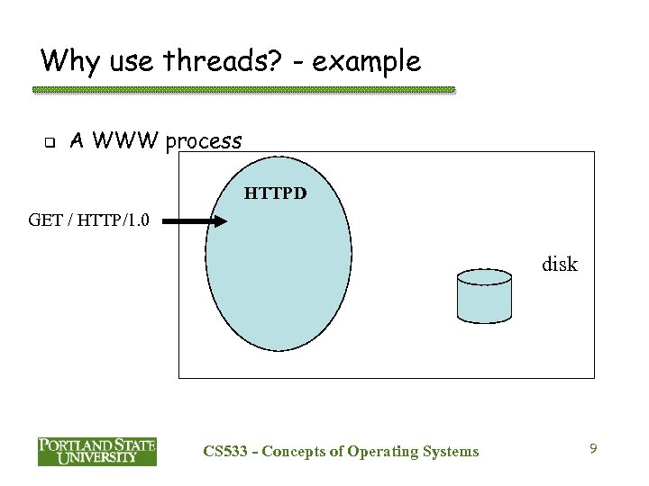 Why use threads? - example q A WWW process HTTPD GET / HTTP/1. 0