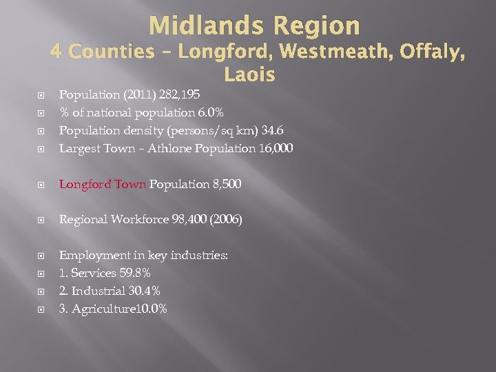 Midlands Region 4 Counties – Longford, Westmeath, Offaly, Laois Population (2011) 282, 195 %