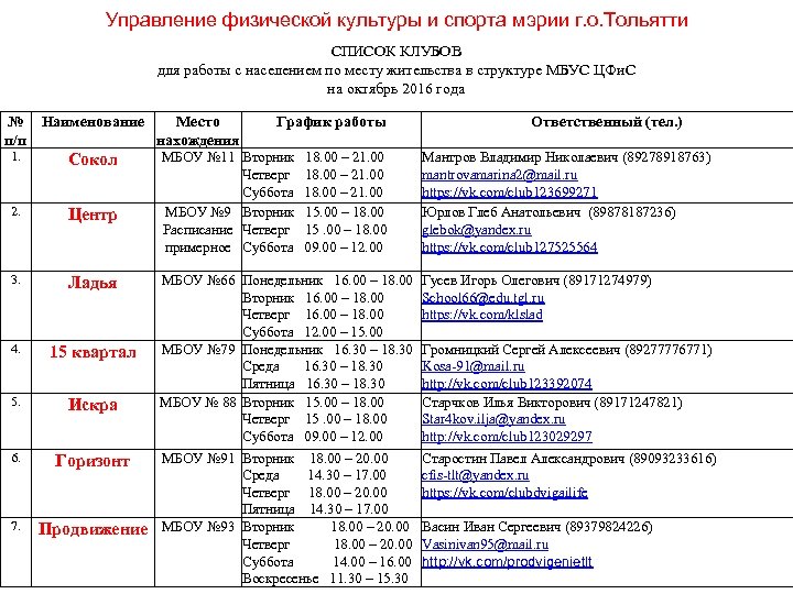 План работы спортивного клуба