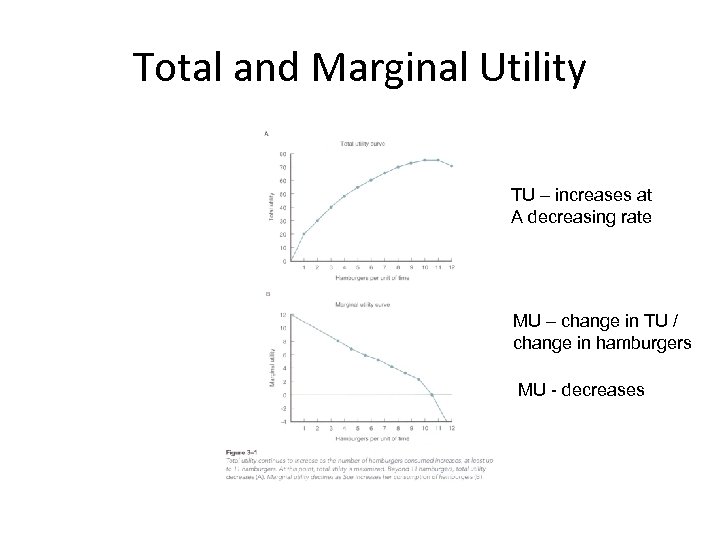Total and Marginal Utility TU – increases at A decreasing rate MU – change
