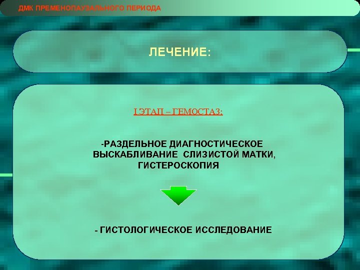 ДМК ПРЕМЕНОПАУЗАЛЬНОГО ПЕРИОДА ЛЕЧЕНИЕ: I ЭТАП – ГЕМОСТАЗ: -РАЗДЕЛЬНОЕ ДИАГНОСТИЧЕСКОЕ ВЫСКАБЛИВАНИЕ СЛИЗИСТОЙ МАТКИ, ГИСТЕРОСКОПИЯ