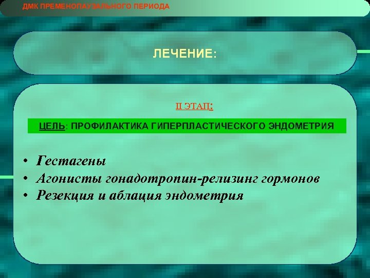 ДМК ПРЕМЕНОПАУЗАЛЬНОГО ПЕРИОДА ЛЕЧЕНИЕ: II ЭТАП: ЦЕЛЬ: ПРОФИЛАКТИКА ГИПЕРПЛАСТИЧЕСКОГО ЭНДОМЕТРИЯ • Гестагены • Агонисты