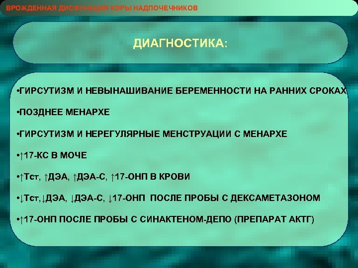 ВРОЖДЕННАЯ ДИСФУНКЦИЯ КОРЫ НАДПОЧЕЧНИКОВ ДИАГНОСТИКА: • ГИРСУТИЗМ И НЕВЫНАШИВАНИЕ БЕРЕМЕННОСТИ НА РАННИХ СРОКАХ •