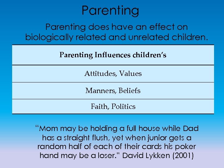 Parenting does have an effect on biologically related and unrelated children. Parenting Influences children’s