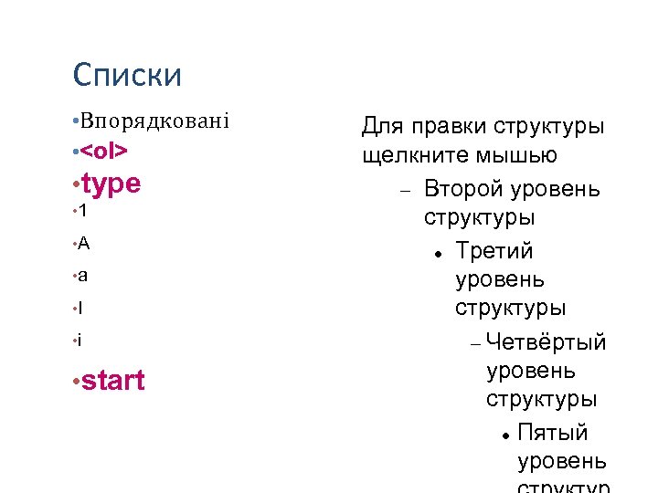 Списки • Впорядковані • <ol> • type • 1 • A • a •