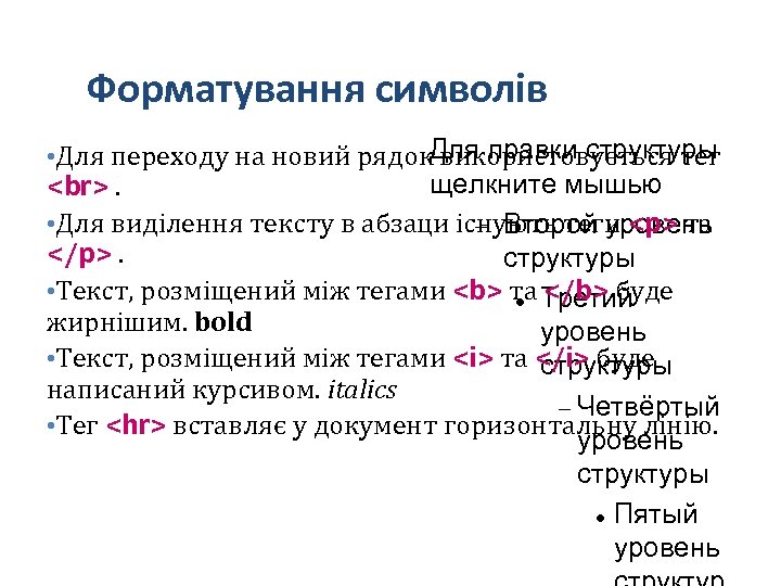 Форматування символів • Для переходу на новий рядок. Для правки структуры використовується тег щелкните