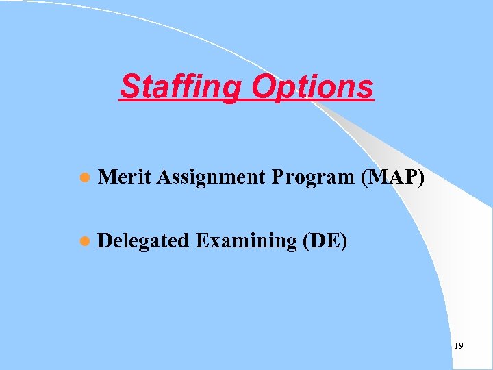 Staffing Options l Merit Assignment Program (MAP) l Delegated Examining (DE) 19 