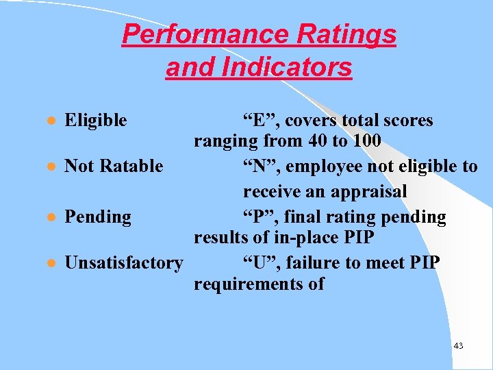 Performance Ratings and Indicators l l Eligible “E”, covers total scores ranging from 40