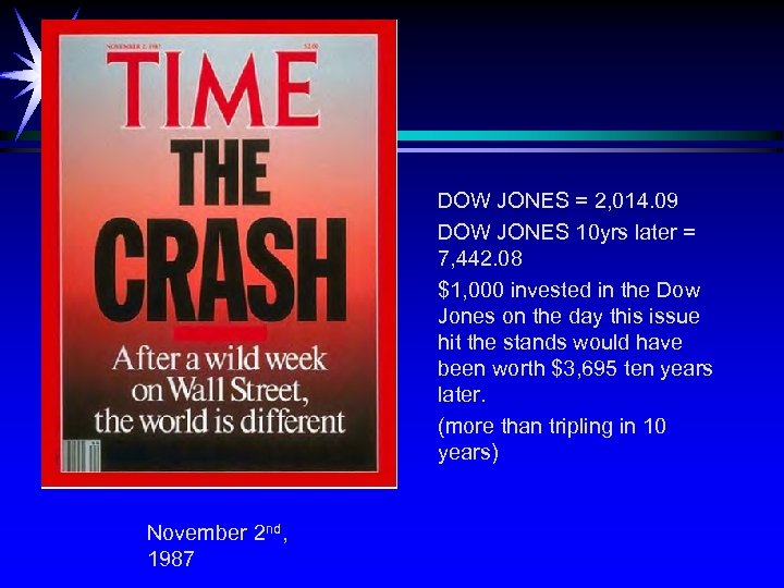 DOW JONES = 2, 014. 09 DOW JONES 10 yrs later = 7, 442.