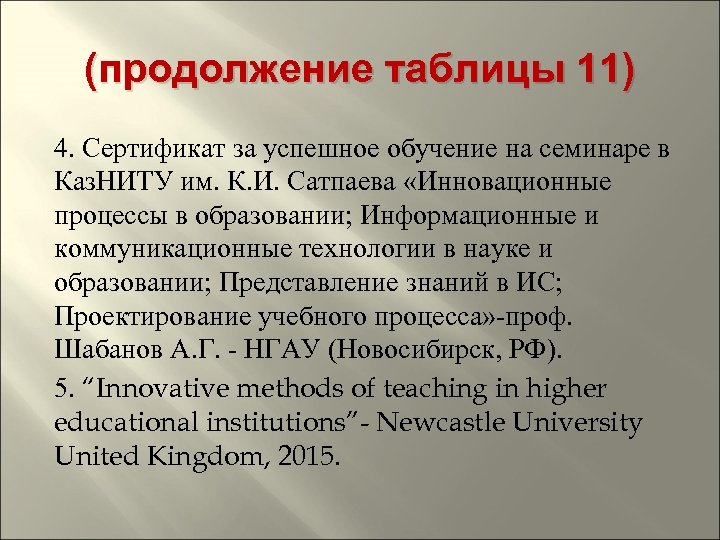 (продолжение таблицы 11) 4. Сертификат за успешное обучение на семинаре в Каз. НИТУ им.