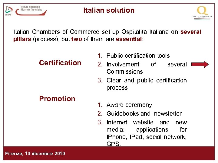 Italian solution Italian Chambers of Commerce set up Ospitalità Italiana on several pillars (process),