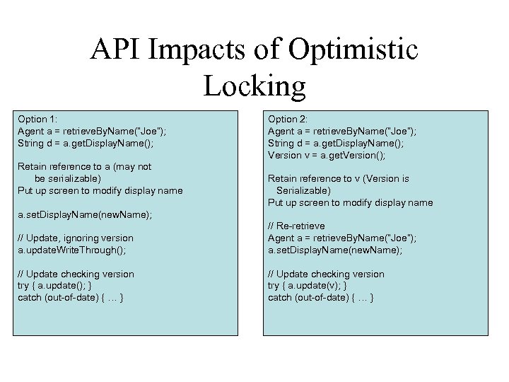API Impacts of Optimistic Locking Option 1: Agent a = retrieve. By. Name(“Joe”); String