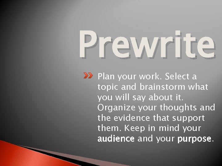 Prewrite Plan your work. Select a topic and brainstorm what you will say about