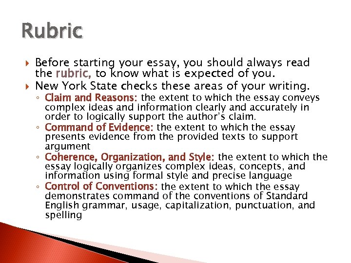 Rubric Before starting your essay, you should always read the rubric, to know what