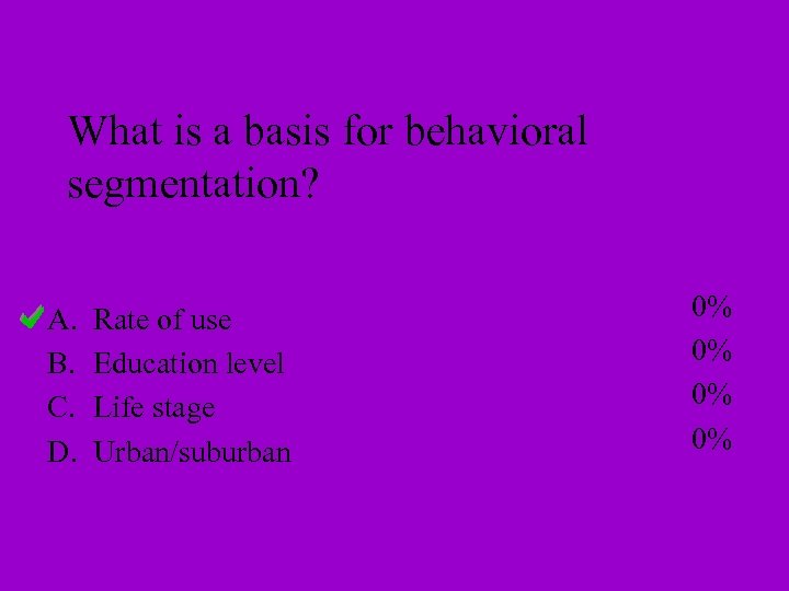What is a basis for behavioral segmentation? A. B. C. D. Rate of use