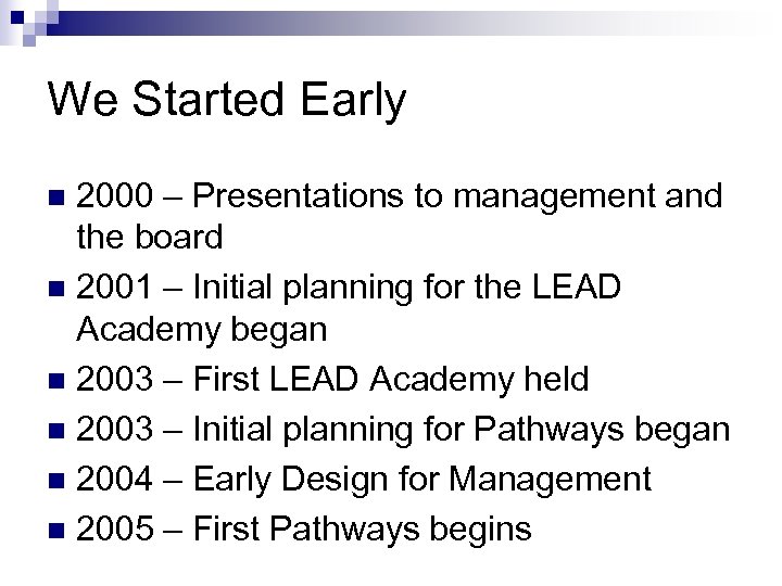 We Started Early 2000 – Presentations to management and the board n 2001 –