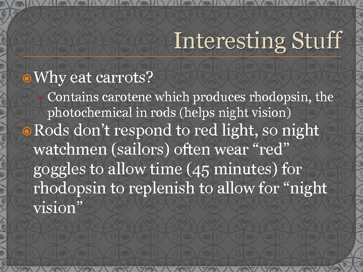 Interesting Stuff Why eat carrots? • Contains carotene which produces rhodopsin, the photochemical in