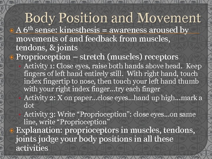  A Body Position and Movement 6 th sense: kinesthesis = awareness aroused by