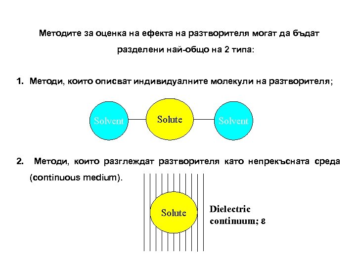 Методите за оценка на ефекта на разтворителя могат да бъдат разделени най-общо на 2
