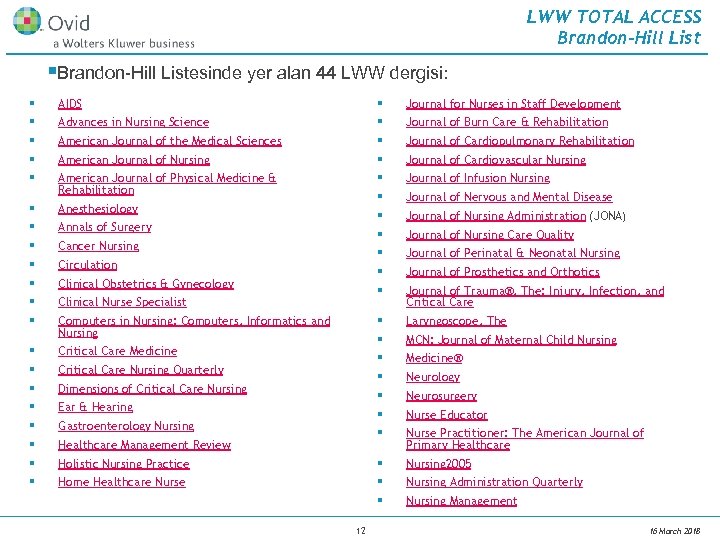 LWW TOTAL ACCESS Brandon-Hill List §Brandon-Hill Listesinde yer alan 44 LWW dergisi: § §