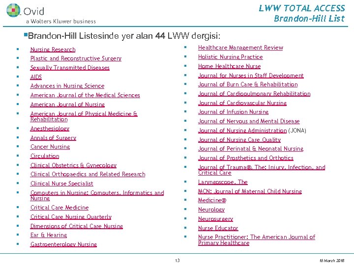 LWW TOTAL ACCESS Brandon-Hill List §Brandon-Hill Listesinde yer alan 44 LWW dergisi: § §