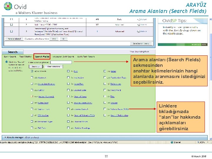 ARAYÜZ Arama Alanları (Search Fields) Arama alanları (Search Fields) sekmesinden anahtar kelimelerinizin hangi alanlarda