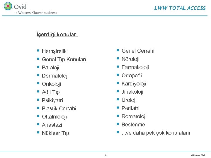 LWW TOTAL ACCESS İçerdiği konular: § § § § § § Hemşirelik Genel Tıp