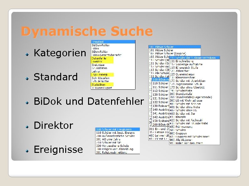 Dynamische Suche Kategorien Standard Bi. Dok und Datenfehler Direktor Ereignisse 