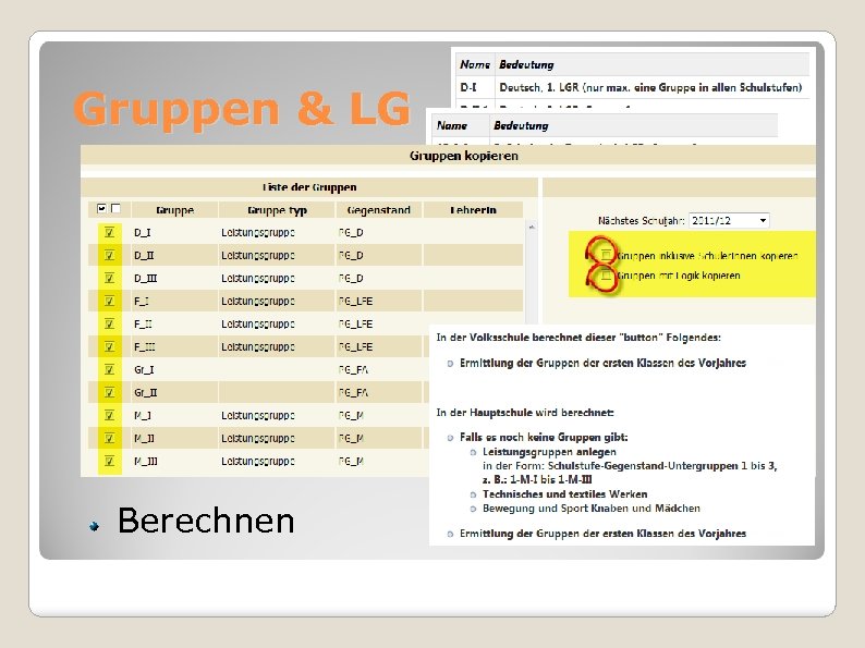 Gruppen & LG Varianten für LG Namenskonvention Hochkopieren beim Jahreswechsel Abbilden aller Unterrichtsgruppen Berechnen