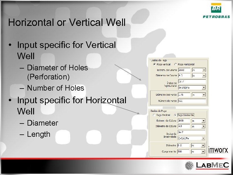 Horizontal or Vertical Well • Input specific for Vertical Well – Diameter of Holes