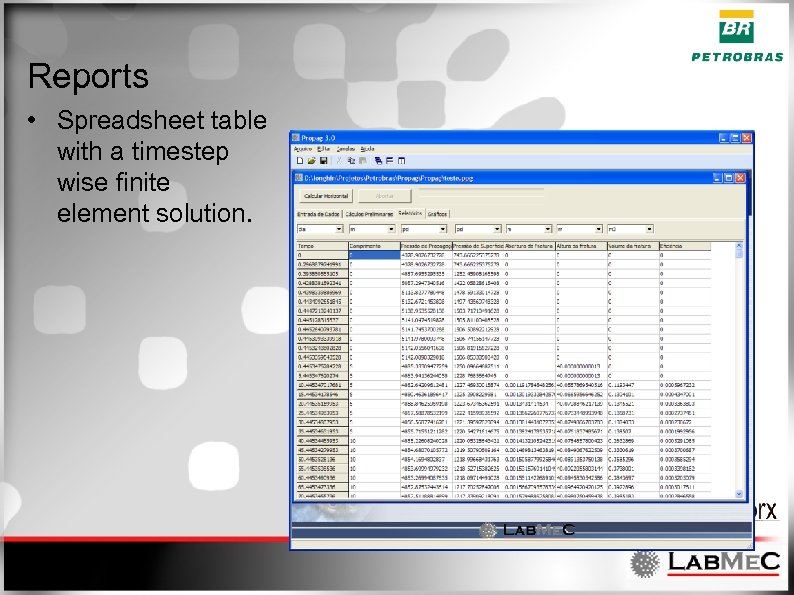 Reports • Spreadsheet table with a timestep wise finite element solution. 