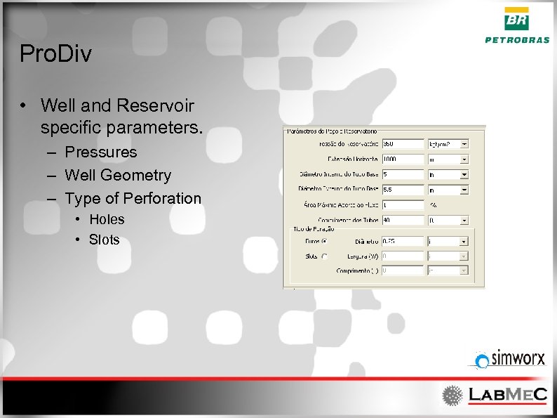 Pro. Div • Well and Reservoir specific parameters. – Pressures – Well Geometry –