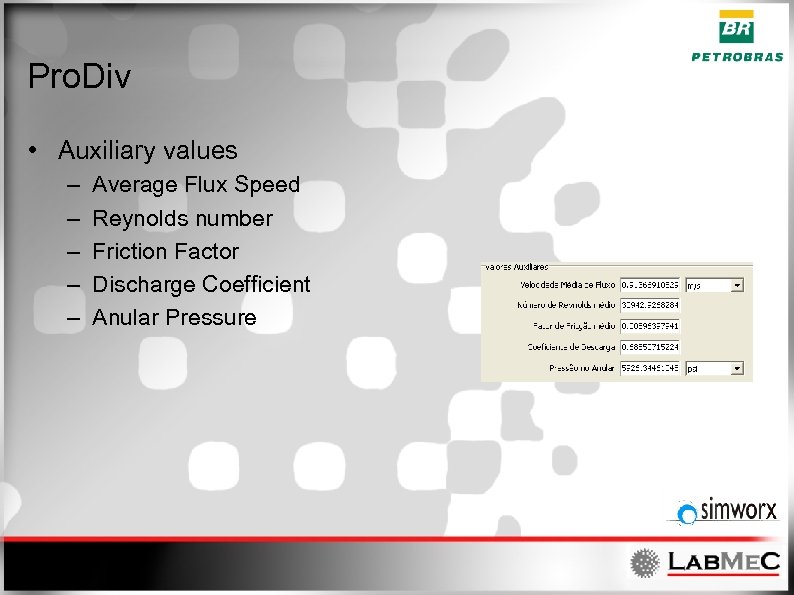 Pro. Div • Auxiliary values – – – Average Flux Speed Reynolds number Friction