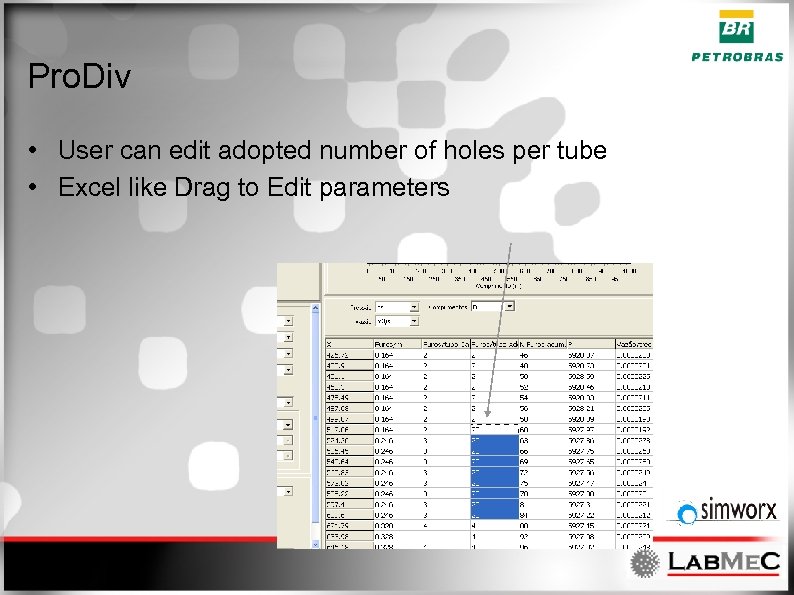 Pro. Div • User can edit adopted number of holes per tube • Excel