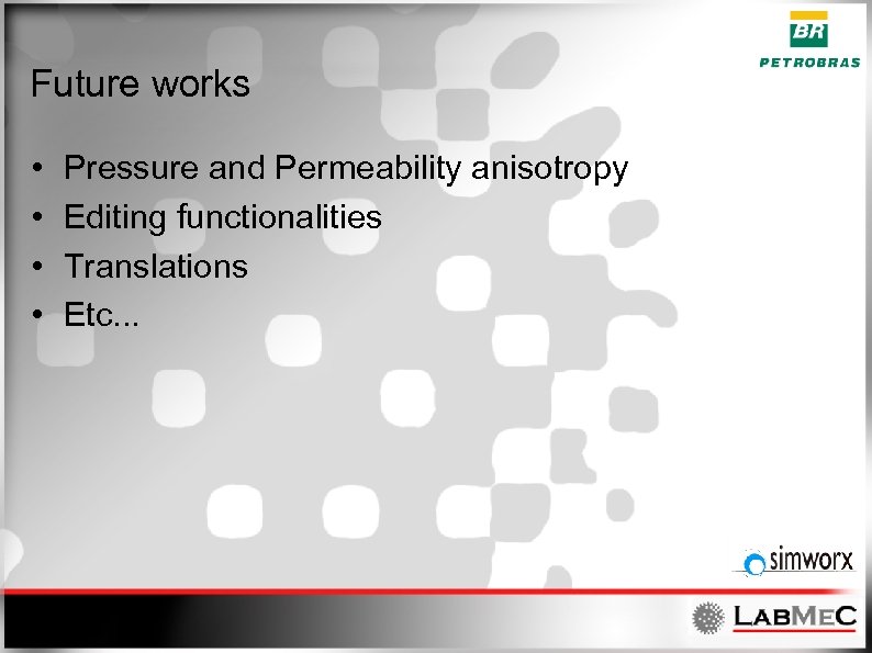 Future works • • Pressure and Permeability anisotropy Editing functionalities Translations Etc. . .