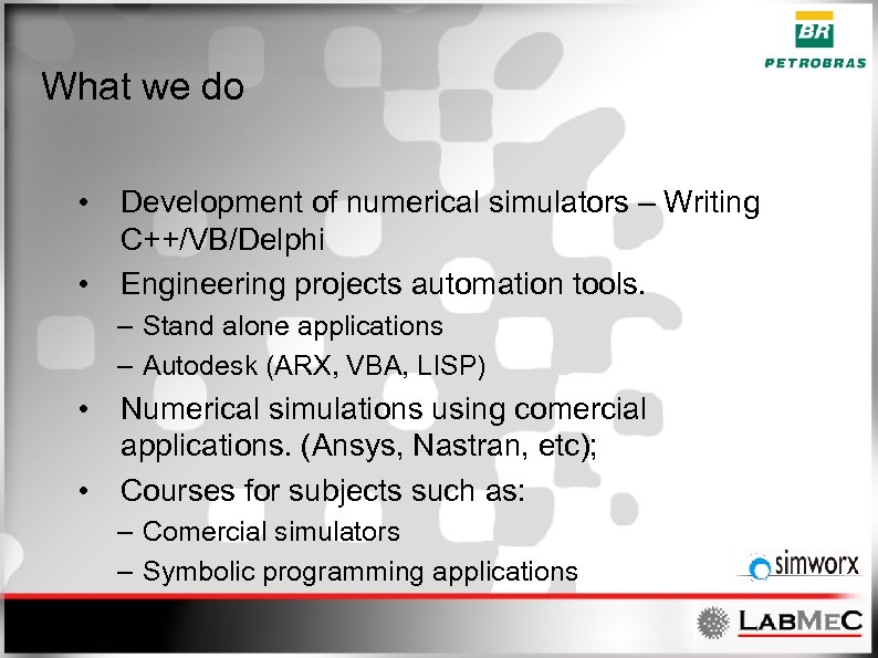 What we do • • Development of numerical simulators – Writing C++/VB/Delphi Engineering projects