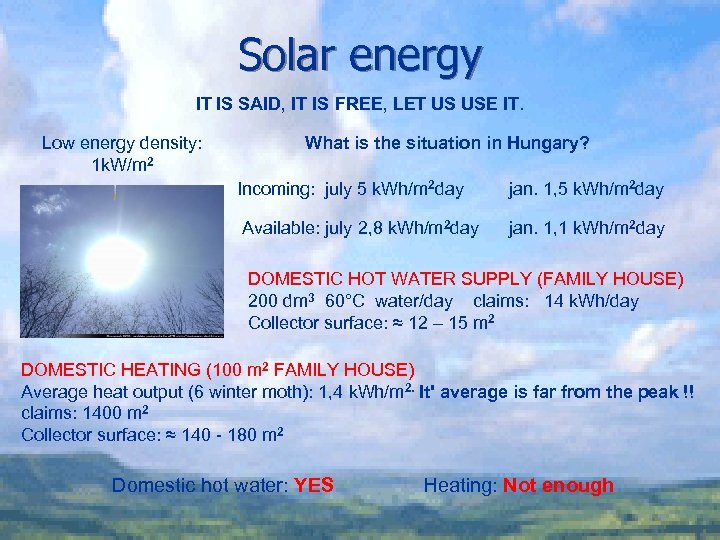 Solar energy IT IS SAID, IT IS FREE, LET US USE IT. Low energy